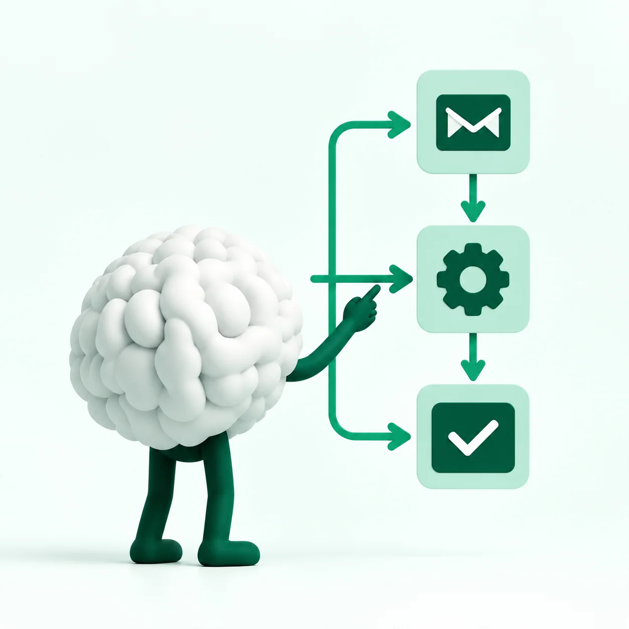 El cerebro de METIS señala un flujo de email, engranaje y check